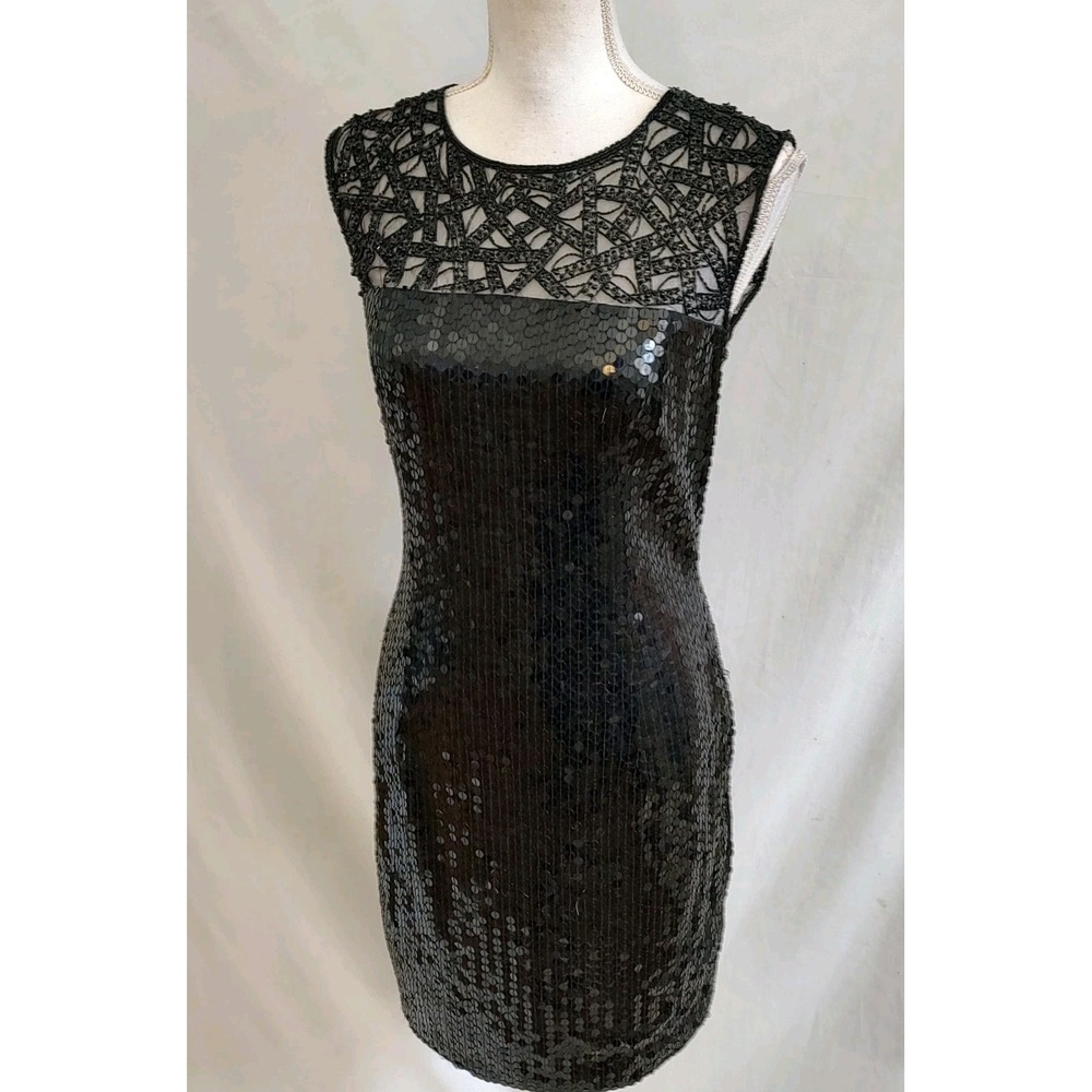 Vintage 90's Cache Dress Sequin & Beaded Deco 20's Style Sheath Black Sexy Sz 10